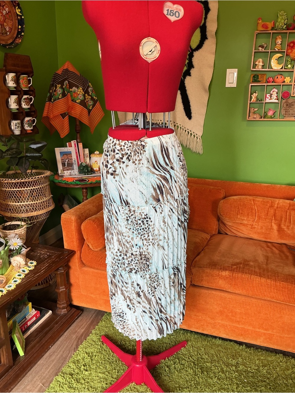 Light Blue and Brown Printed Pleated Midi Skirt